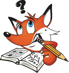 Rätselfuchs grübelt über einem Rätselbuch